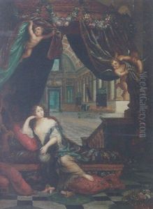 Portrait Of Francoise Athenais De Rochechouart, Marquise De Montespan, Reclining In The Gallery Of Her Chateau De Clagny by Henri Gascars