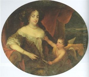 Portrait Of A Lady In A Brown Dress With Lace Collar And Cuffs, With A Cupid Beside Her, A Landscape Beyond