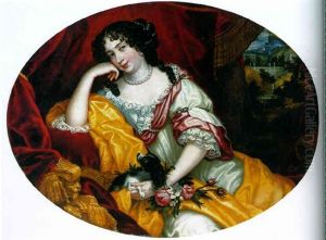 Portrait Of A Lady, Seated, With Her Dog Before An Open Window, An Italianate Landscape Beyond by Henri Gascars