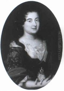 Portrait Of A Lady, Half-length In A Blue Dress With A White Chemise And A Brown Wrap, Holding A Spaniel