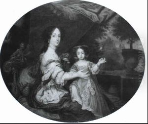 A Portrait Of An Elegant Lady, Believed To Be Barbara, Duchess Of Cleveland, With Her Daughter,...lady...fitzroy... by Henri Gascars