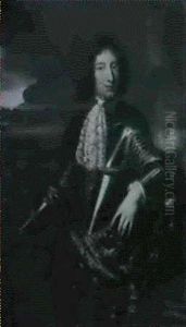 Portrait Of A Nobleman, Standing Three-quarter Length, Wearing Armour With A Lace Jabot, Leaning On A Helmet... by Henri Gascars