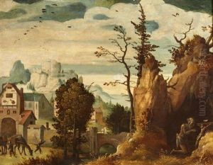 Paysage A L"eglise Et Aux Rochers Avec Saint Jerome Priant by Lucas Gassel