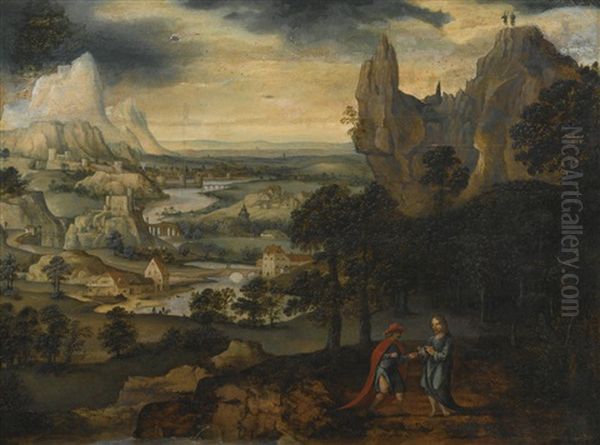 A Mountainous Landscape With The Temptation Of Christ by Lucas Gassel