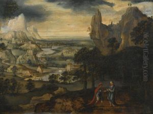 A Mountainous Landscape With The Temptation Of Christ by Lucas Gassel