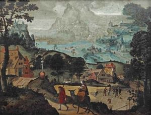An Extensive Mountainous Landscape With The Flight Into Egypt by Lucas Gassel