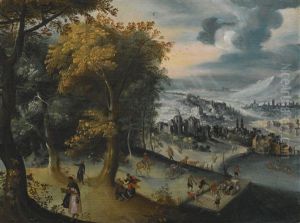 A Mountainous Landscape With Travelling Pilgrims by Lucas Gassel