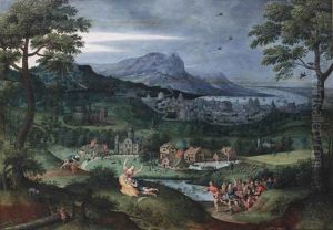 A Mountainous River Landscape With Scenes From The Life Of Samson