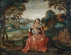 Vierge A L'enfant Dans Un Paysage De Riviere