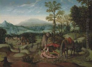 An Extensive Mountainous Landscape With The Good Samaritan by Lucas Gassel