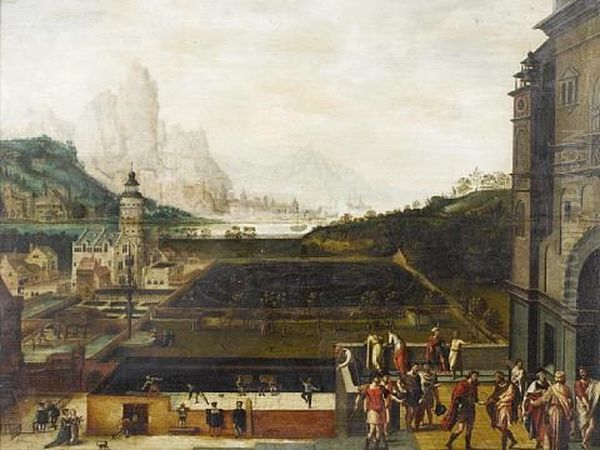 The Grounds Of A Renaissance Palace With Episodes From The Story Of David And Bathsheba, An Extensive Landscape With Mountains And A Harbor Beyond - view 1