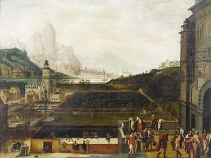 The Grounds Of A Renaissance Palace With Episodes From The Story Of David And Bathsheba, An Extensive Landscape With Mountains And A Harbor Beyond by Lucas Gassel