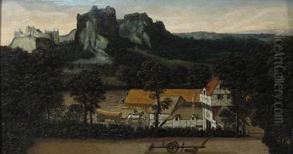 An Extensive Landscape With Workers Harvesting Wheat In The Foreground - view 1