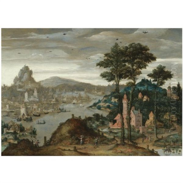 A Fantasy Mountainous River Landscape With Ships Moored Before A Distant City - view 1