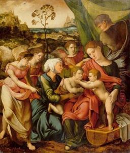 Die Heilige Familie Vor Einer Weiten Landschaft (collab. W/master Of The Parrot) by Lucas Gassel