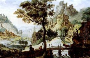 Fantastic Landscape With Castles And Figures by Lucas Gassel