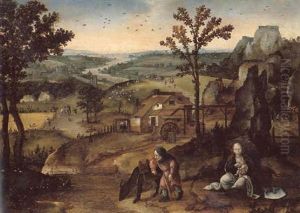 The Rest On The Flight Into Egypt, An Extensive River Landscape Beyond by Lucas Gassel