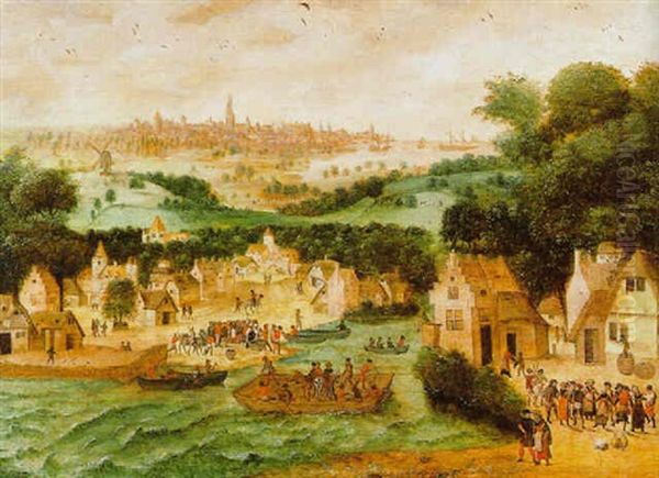 Weite Landschaft Mit Dorf An Einem Flus Und Der Stadt Antwerpen (?) Am Horizont - view 1