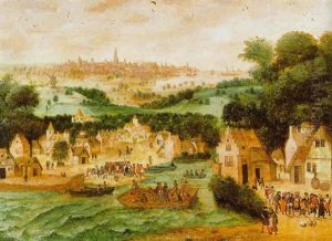 Weite Landschaft Mit Dorf An Einem Flus Und Der Stadt Antwerpen (?) Am Horizont