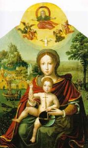 Maria Mit Dem Jesusknaben, Die Weltkugel Haltend In Einer Landschaft by Lucas Gassel