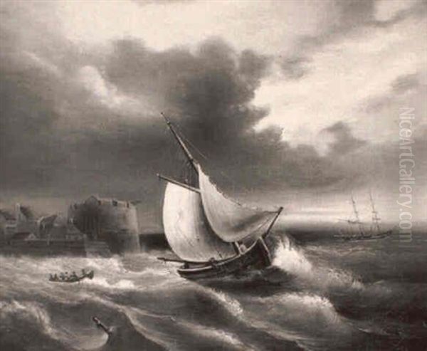 Un Bateau Dans Une Mer Forte Au Large D'une Cote Et D'un Port - view 1