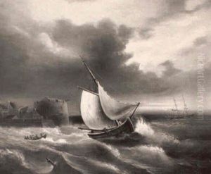 Un Bateau Dans Une Mer Forte Au Large D'une Cote Et D'un Port by Theophil (Gottlieb) Gassen
