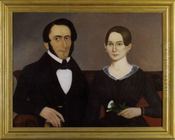 Portrait Of Mr. And Mrs. Colbey Sitting On A Sofa, The Man Holding A Book, The Woman Holding A Flower - view 1