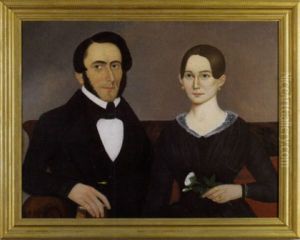Portrait Of Mr. And Mrs. Colbey Sitting On A Sofa, The Man Holding A Book, The Woman Holding A Flower by George Gassner