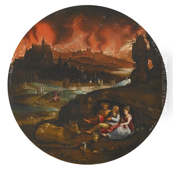 Lot With His Daughters, Sodom And Gomorrah Burning In The Distance - view 1