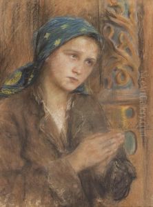 Young Girl Praying In A Blue Scarf by Teodor Axentowicz