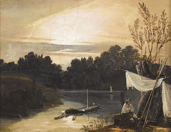 Flusslandschaft Mit Rastendem Im Abendrot - view 1
