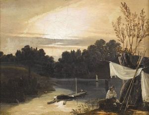Flusslandschaft Mit Rastendem Im Abendrot Flusslandschaft Mit Rastendem Im Abendrot