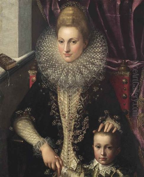 Portrait Of A Lady, Half-length, In An Embroidered Dress With A Lace Ruff And Bejewelled Headpiece, With Her Son, In An Interior - view 1