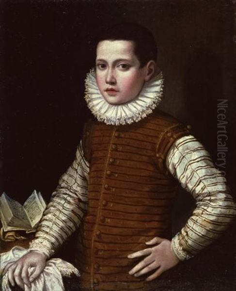 Portrait Of A Young Boy, His Hand Resting On A Ledge Beside An Open Book - view 1