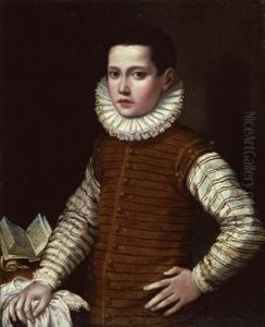 Portrait Of A Young Boy, His Hand Resting On A Ledge Beside An Open Book