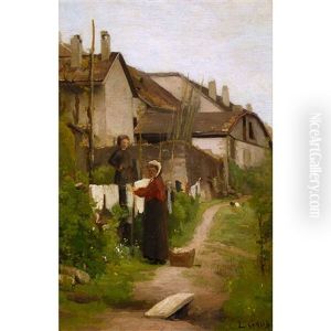 Dorfpartie Mit Frau Beim Hangen Der Wasche by Leon Gaud