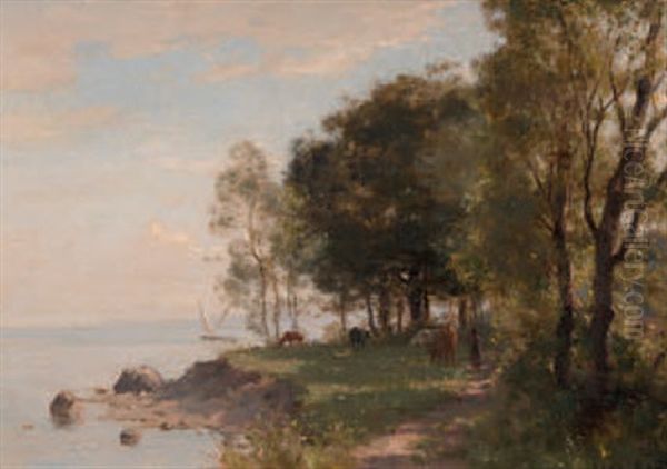 Uferlandschaft Mit Weidenden Kuhen Und Segelboot - view 1