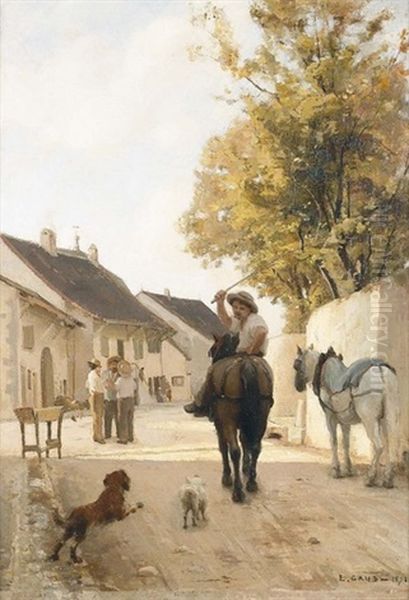 Dorfstrasse Mit Reiter Und Hunden - view 1
