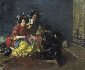 Zwei Japanische Frauen Im Kimono Lauschen Einem Musiker by Alphonse Gaudefroy