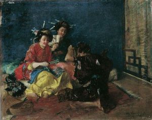 Zwei Japanerinnen Lassen Sich Von Einem Musiker Unterhalten by Alphonse Gaudefroy