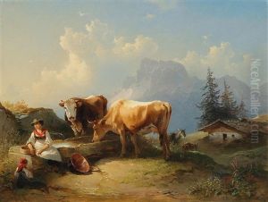 Dairymaid With Girl And Two Cows On The Grand