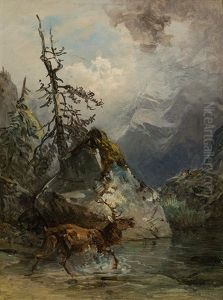 Deer On The Bank Of A Mountain Lake by Friedrich Gauermann