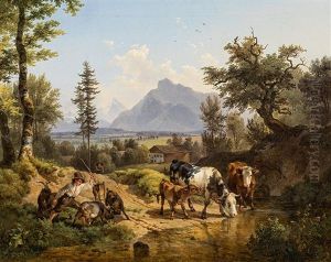 Cattle At The Water Trough by Friedrich Gauermann