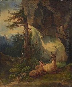 Reh An Der Quelle - Ricke Mit Kitz Vor Einer Felswand by Friedrich Gauermann