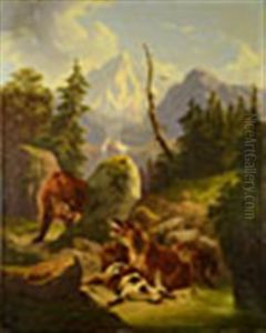 Bears With Prey In Mountain Landscape