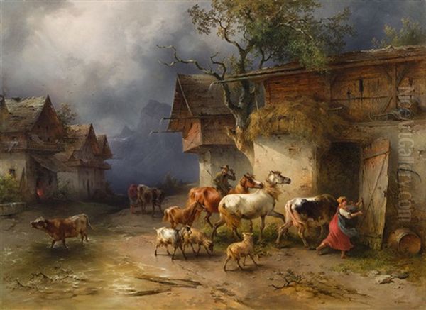 Heimeilendes Vieh In Einem Gebirgsdorf Bei Regen - view 1