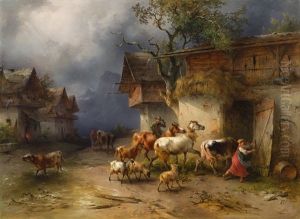 Heimeilendes Vieh In Einem Gebirgsdorf Bei Regen by Friedrich Gauermann