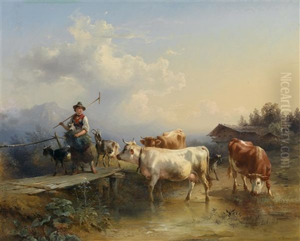 Madchen Am Heimweg Mit Ziegen Und Kuhherde - view 1