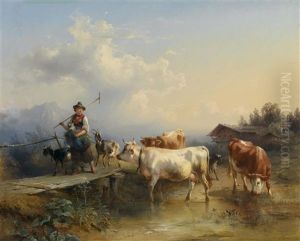 Madchen Am Heimweg Mit Ziegen Und Kuhherde by Friedrich Gauermann