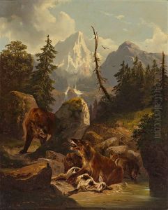 Hochgebirgslandschaft Mit Baren Und Erlegtem Wild by Friedrich Gauermann